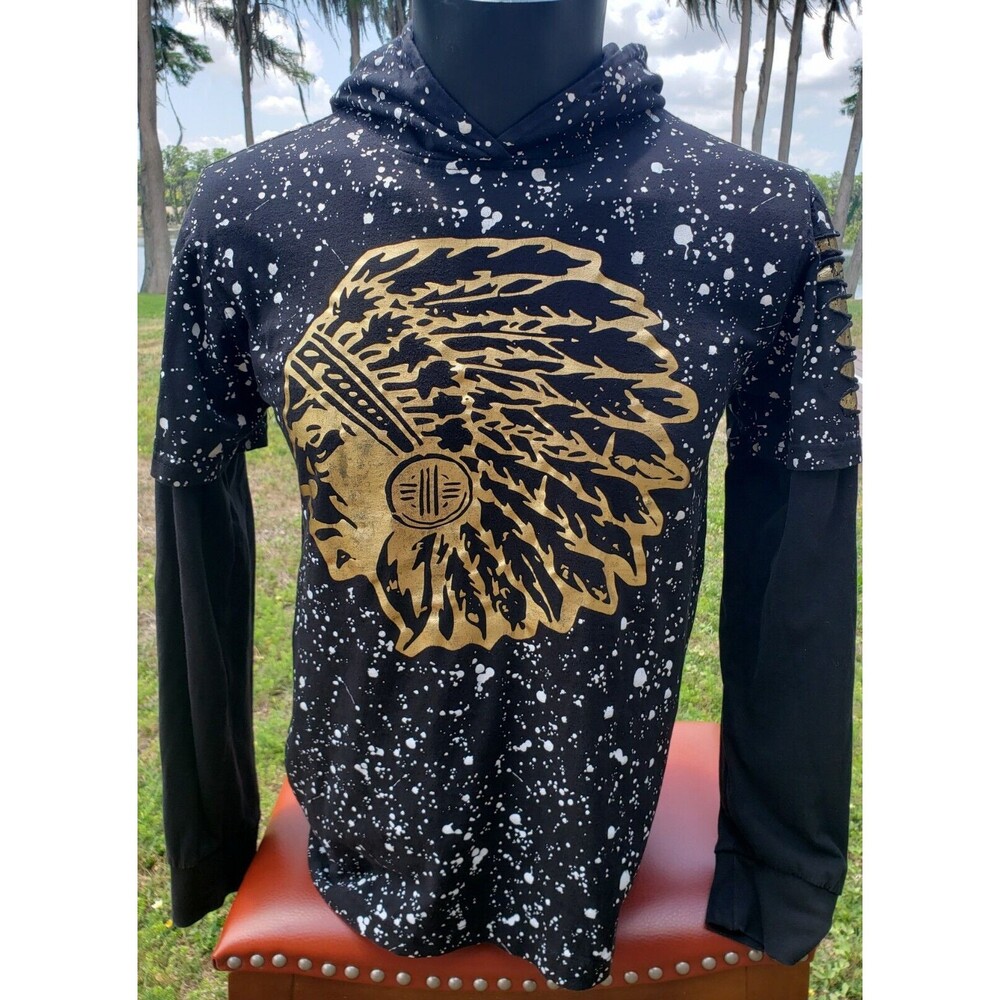 CARBON BOY'S Large Black Hoodie w/Gold Indian Chief  100% Cotton Drawstring Tie